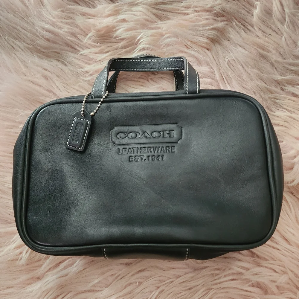 Coach travel toiletry bag black leather tan silver hardware Vintage